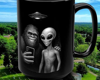 Alien Bigfoot Selfie Coffee Mug, Cryptid UFO Lover Gift