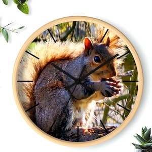 May include: A round wooden wall clock with a picture of a gray squirrel eating a nut. The squirrel is sitting on a branch with a blurred background of trees and leaves.