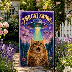 May include: A rectangular garden flag featuring a fluffy brown tabby cat with an open mouth looking up at a glowing UFO. The text THE CAT KNOWS is printed in gold at the top. The scene includes a forest, purple clouds, and smaller flying saucers.