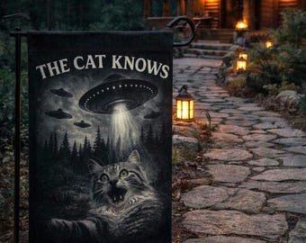 Cat UFO Garden Flag, Alien Cat Yard Art, Double-Sided Print