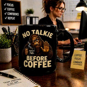 May include: Black coffee mug with the text "NO TALKIE BEFORE COFFEE" and a Bigfoot graphic. The mug also has the words "BIGFOOT FUEL" on the coffee cup. A notepad with "TEAM MEETING 11:00 AM" is on the desk.