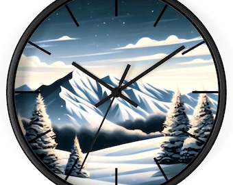 May include: A round wall clock with a black frame. The clock face features a winter landscape with snow-covered mountains, evergreen trees, and a starry sky. The clock hands are black.