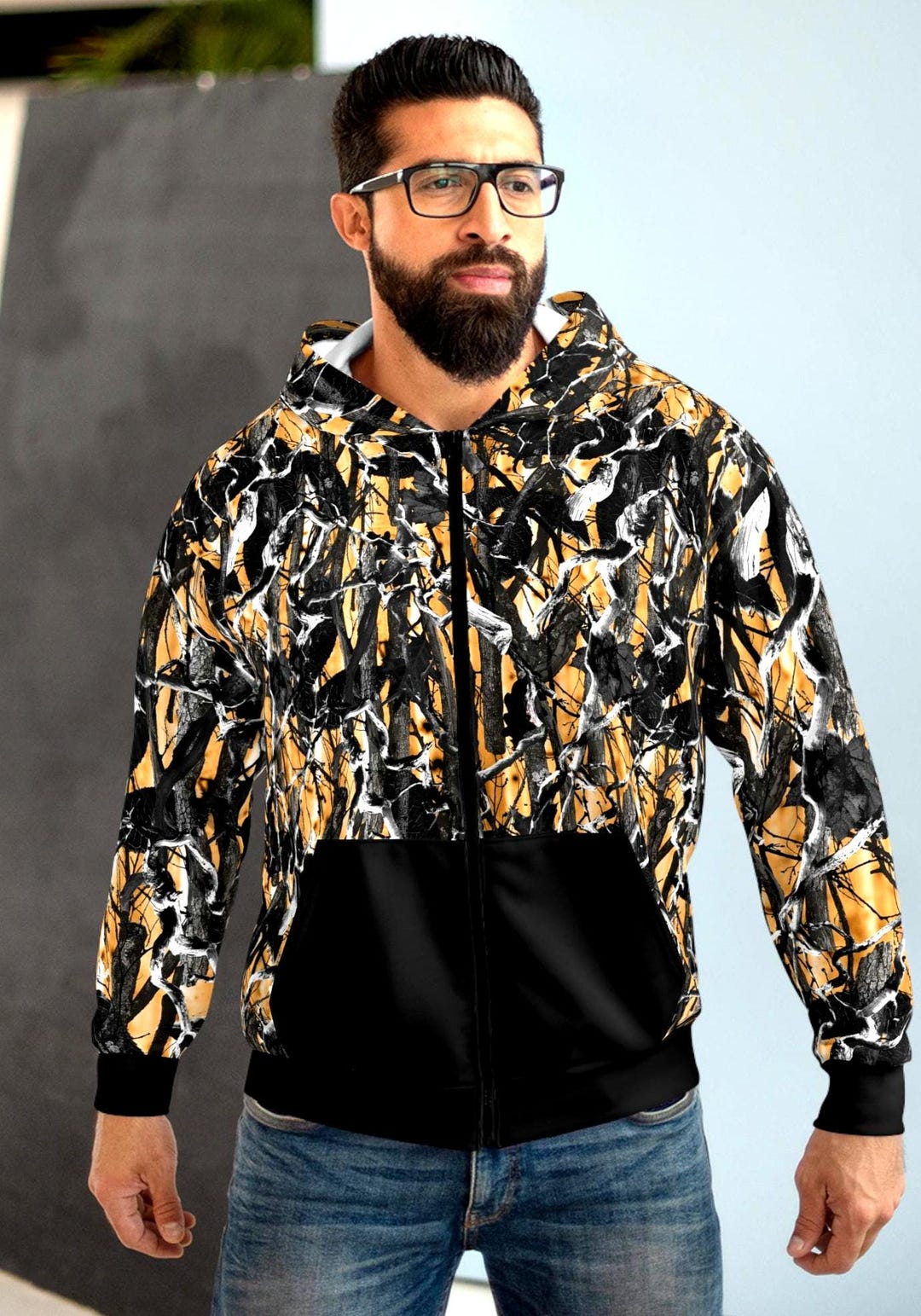 LEATHER FRONT ZIPPER HOODIE JACKET / CAMO