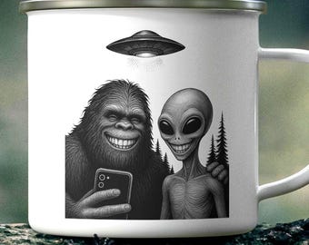 Bigfoot and Alien Selfie Enamel Camping Mug | Cryptid UFO Forest Illustration Cup