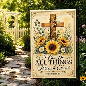 Christliche Kreuz Gartenfahne, inspirierende Hofdekoration, Sonnenblumenfahne Philipper 4:13 Schrift