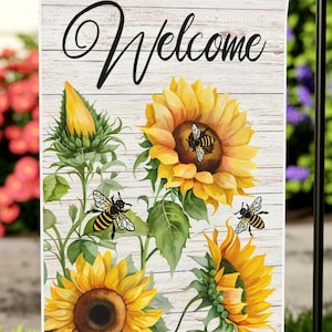 Sunflower Welcome Garden Banner, Floral Yard Sign, Outdoor Yard Decor, Housewarming Gift, Garden Flag, Bee Themed Decor, Spring Summer Flag
