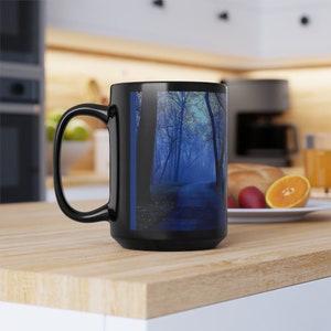 Black Ceramic Coffee Mug: Forest Path Design (11oz, 15oz)
