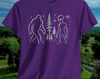 Bigfoot-Alien-Entführung-T-Shirt mit Grafik, Kryptiden-UFO-T-Shirt