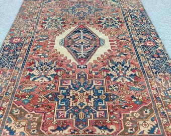 Antique 4x6 Persian rug, Heriz rug 4x6, Malayer rug 4x6 vintage, Kurdish herki rug, Afghan rug 4x6, Soft red turkish rug 4x6, Geometric rug