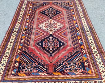 4x5 Persian rug Vibrant, Afghan rug 4x6 vintage, Caucasian rug, Kazak pattern rug, Dark Heriz rug 4x6, Shiraz rug, turkish rug 4x5 colorful