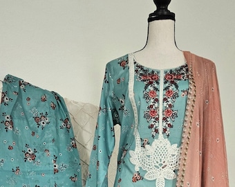 Talla M - Salwar Kameez de césped bordado: Traje pakistaní de 3 piezas