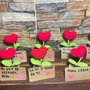 Puede incluir: Flores de corazón de ganchillo hechas a mano con hojas y tallos verdes, exhibidas en macetas pequeñas. Cada flor tiene un corazón rojo y un pequeño letrero con texto y un corazón rosa. El fondo es una pared de ladrillos.