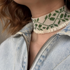 Handmade Beaded Choker • Ukrainian Beadwork • Green Leaf Pattern • Traditional Loom-Woven Jewelry