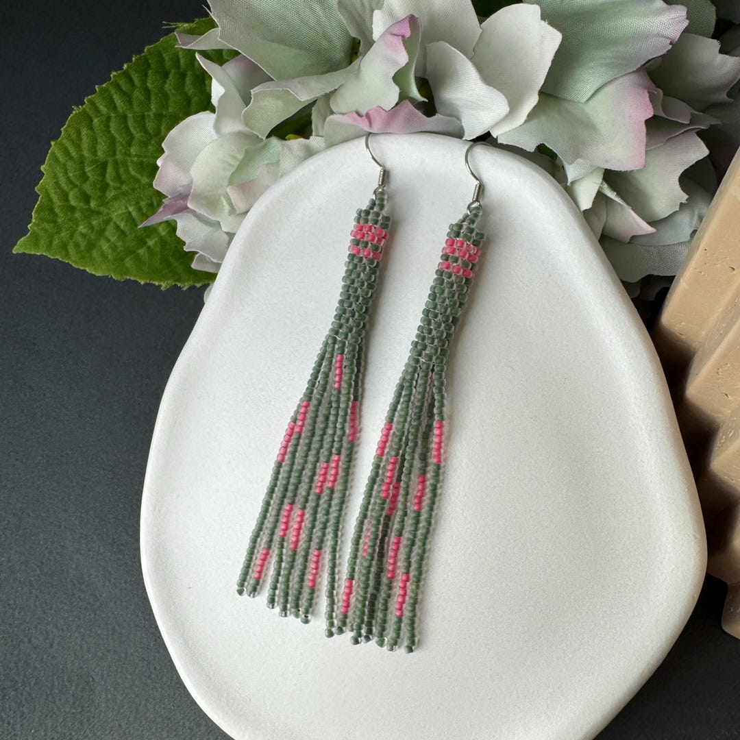 Boho Beaded Earrings in Soft Green and Pink –lightweight Handmade ...