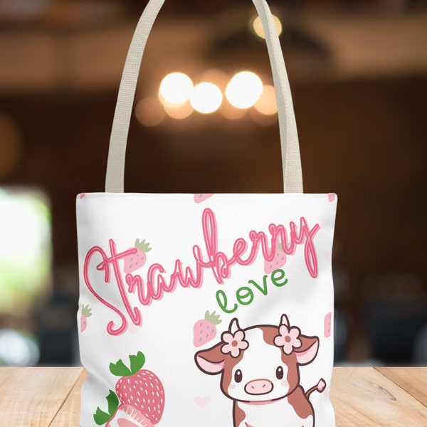 Strawberry Print Tote Bag, Pink cute love cow, all over print strawberries, sweet style, Farmer gift, over the shoulder bag, strawberry gift