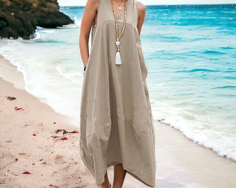 Boho Leinen Kleid mit V-Ausschnitt | Boho Kleider mit Taschen | Sommer und Frühlingskleid | leichte Kleider | Boho Strandkleid |