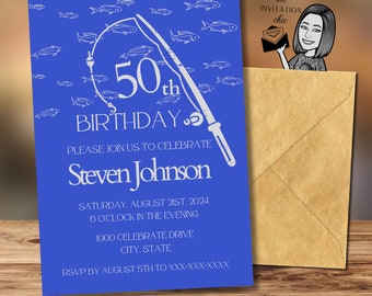 Man 50th Fishing Theme Birthday Digital Invitation