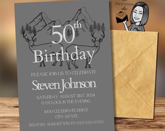 50th Birthday Digital Invitation with Deer and Mountains for Man