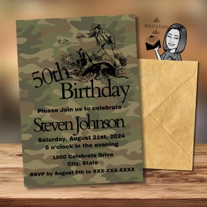 Digitale Einladung zum 50. Geburtstag des Mannes mit Camouflage-Jagdmotiv.
