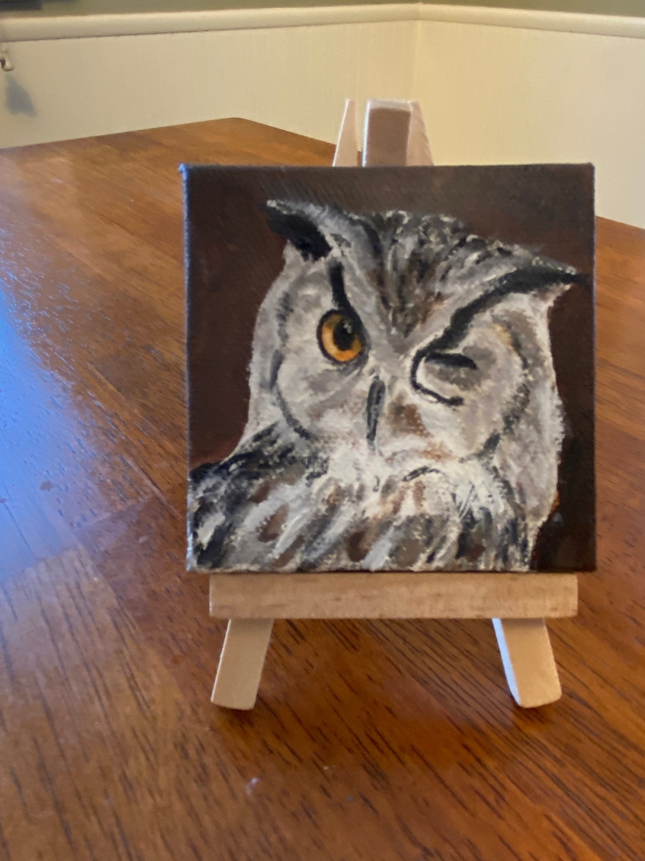 Horned Owl Oil Painting: Miniature Animal Art with Easel