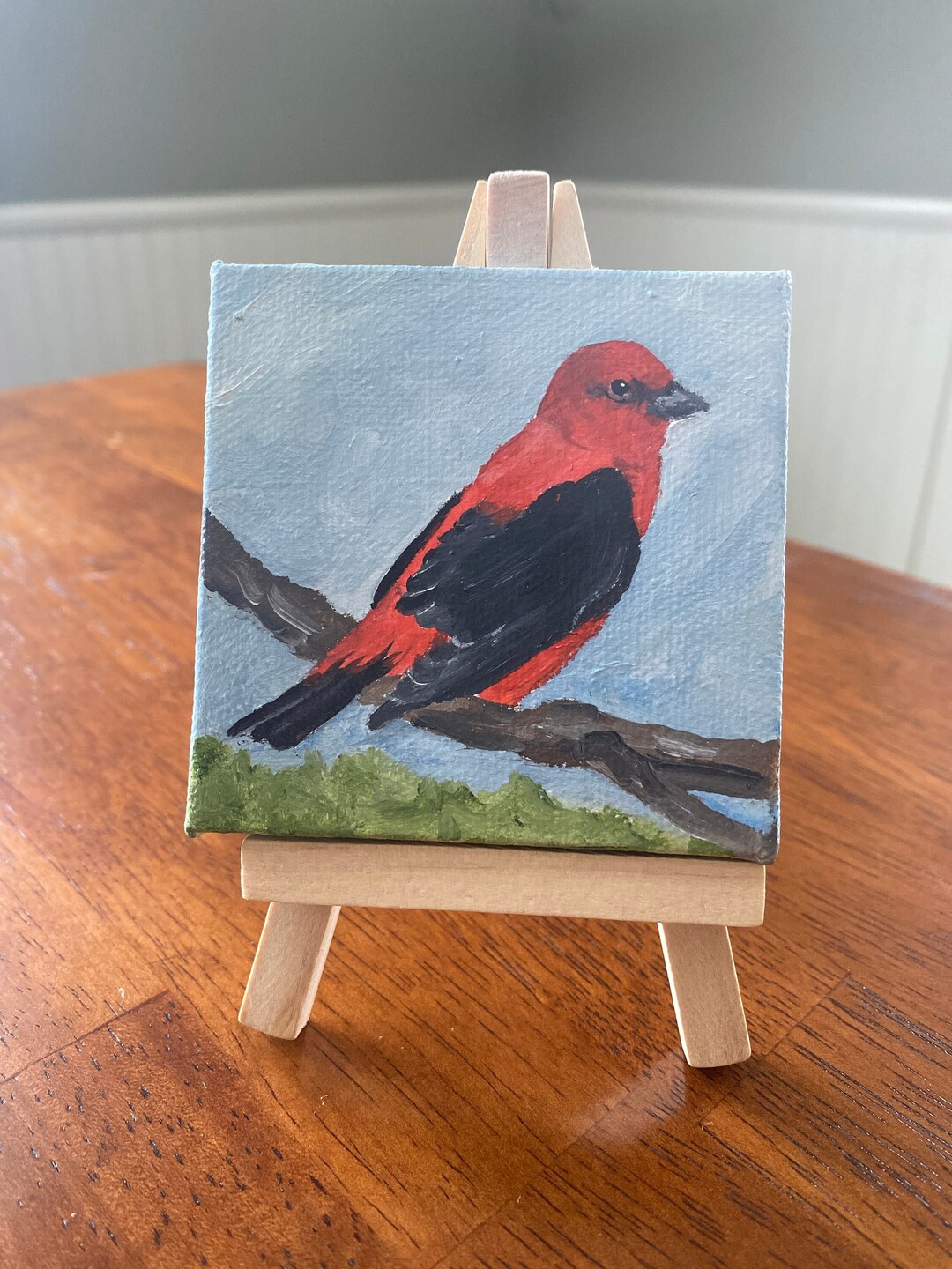 Scarlet Tanager Oil Painting: Miniature Bird Art With Easel - Etsy