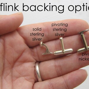 May include: Three cufflink backings in different styles: solid sterling silver, pivoting sterling silver, and pivoting nickel silver.