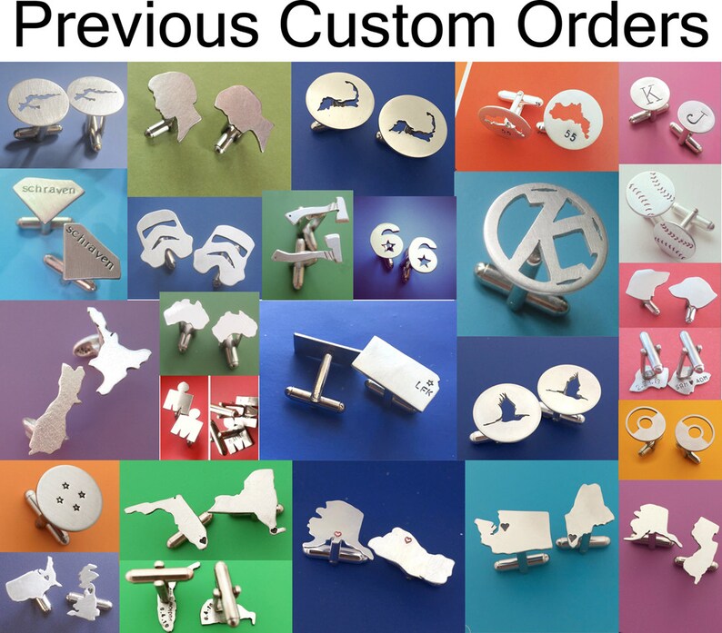 May include: A collection of custom cufflinks featuring various designs, including initials, maps, stars, and abstract shapes. The cufflinks are made of silver metal and have a polished finish.