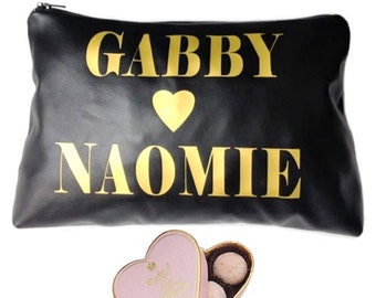 Personalised Names Bag With Heart, Custom Leather Makeup Bag, Heart Names Personalized Leather Toiletry Bag & Personalized Wash Bag