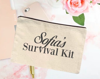 Personalised Survival Kit Makeup Bag, Survival Kit Cosmetic Bag, Personalized Bridesmaid Bag, Custom Cosmetic Bag & Bridal Party Pouch