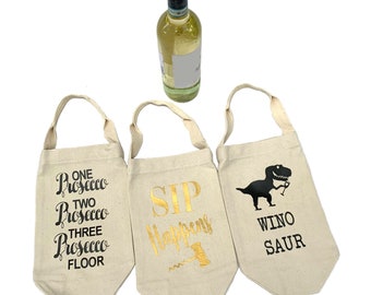 Winosaur Canvas Wine Tote Bag | Prosecco Canvas Wine Bag or Sip Happens Wine Bottle Bag | Fair Trade Cotton