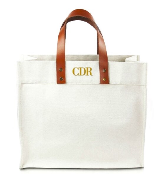 Fulham Monogrammed Canvas Tote Bag With Leather Straps, Personalised Canvas Tote Bag, Bridesmaid's Monogrammed Tote Bag & Custom Name Tote