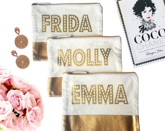 Gold Dipped Personalised Makeup Bag | Custom Canvas Clutch, Custom Bridesmaid Bag | Monogram Clutch & Bespoke Bridesmaid Bag