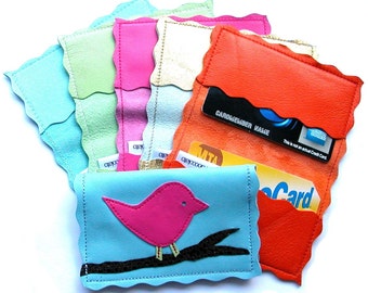 Handmade Leather Bird Applique Card Holder | Handcrafted Wallet | Handcrafted Slim Wallet | Credit Card Holder