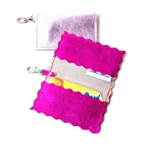 Metallic Leather Business Card Holder W/ Key Ring | Credit Card Wallet w/ Key Chain | Leather Slim Leather | Bus Pass Holder with Keychain