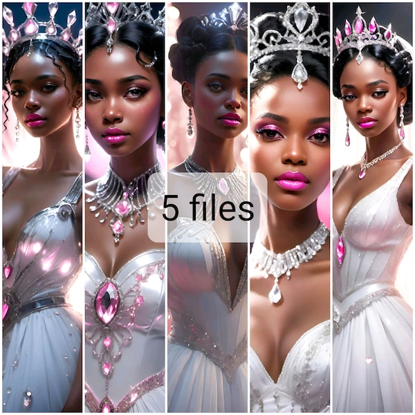 BLACK FANTASY QUEEN 5 pc phone wallpaper, pink jewels, white fancy dress, photoreal ai art, downloadable, small print