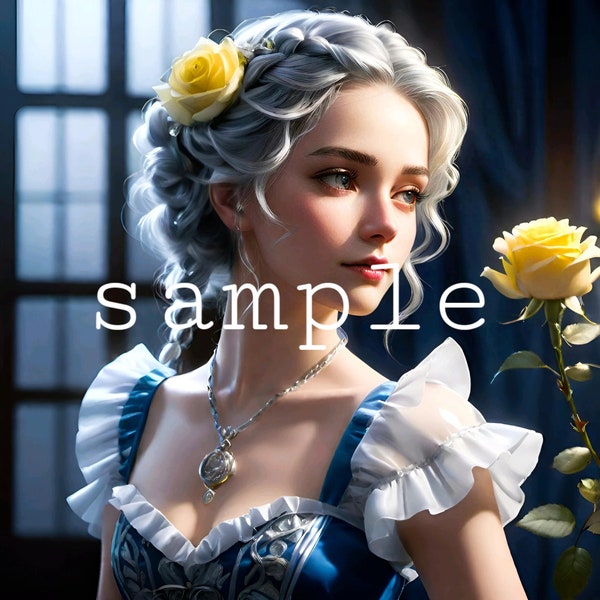 BEAUTIFUL SILVER HAIRED Woman, downloadable print, 3mb, yellow rose, blue & white dress, silver locket, 1:1, 2048x2048, wallpaper, avatar