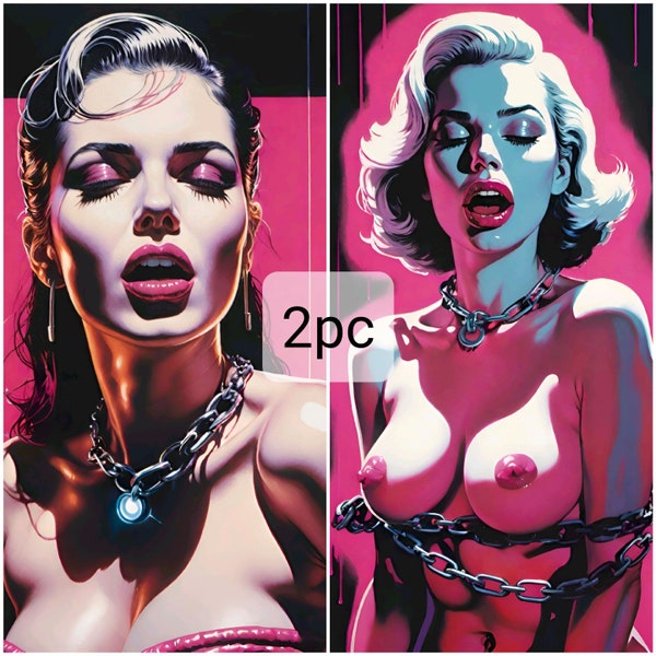 BEAUTIFUL VINTAGE RETRO 2pc Phone Wallpaper, Mid Century, nude, erotic, chains, pink, black