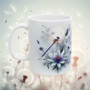 Translucent dragonfly mug, Soft Blue floral Accent Mug, White Ceramic Coffee Cup, (11oz, 15oz) Botanical Tea Mug, Gift for nature lover