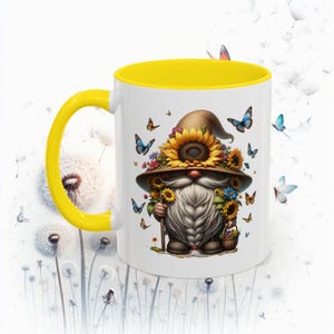 Taza de cerámica con diseño de gnomo terroso (325 ml, 433 ml), diseño de girasol y mariposa, ideal para té, ideal para amantes de la jardinería y decoración de cocina inspirada en la naturaleza.