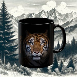 Tiger Mug, Wildlife Coffee Cup, Animal Lover Tea Mug, Jungle Safari Gift, Large Black Mug, 11oz,15oz