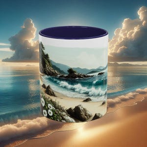 Rustic Ocean View Accent Mug, Ocean Waves and Flowers Coffee Cup, 11oz, 15oz, Coastal Drinkware, Beach Theme Kitchen Decor
