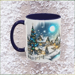 Blue Moonlight Winter Christmas Town Accent Coffee Mug | 11oz 15oz