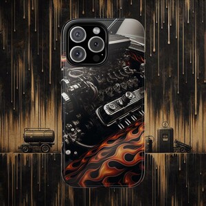 Hotrod Engine Block Tough Phone Case: Black Flame iPhone & Galaxy Cover