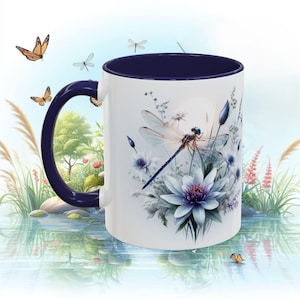 Dragonfly Accent Mug, Blue Floral Ceramic Coffee Cup 11oz,15oz - Gift for Nature Lovers, Botanical Tea Mug, Unique Kitchen Decor, Garden