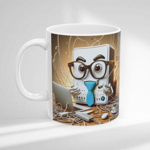 May include: White ceramic mug featuring a cartoon character with glasses, a blue tie, and a laptop. The character is a computer server with arms and eyes. The mug has a white handle and a colorful design.
