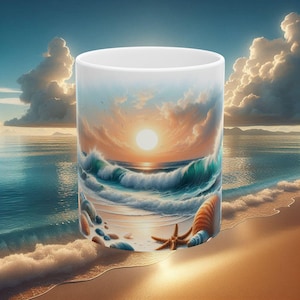 Beach Sunset Ceramic Mug, Ocean Waves Seashells Coffee Cup 11oz, 15oz, Coastal Home Decor, Gift for Beach Lover, Summer Mug