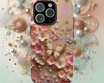 Cherry Blossom Phone Case: Gold Butterfly, Elegant Floral Protective Cover