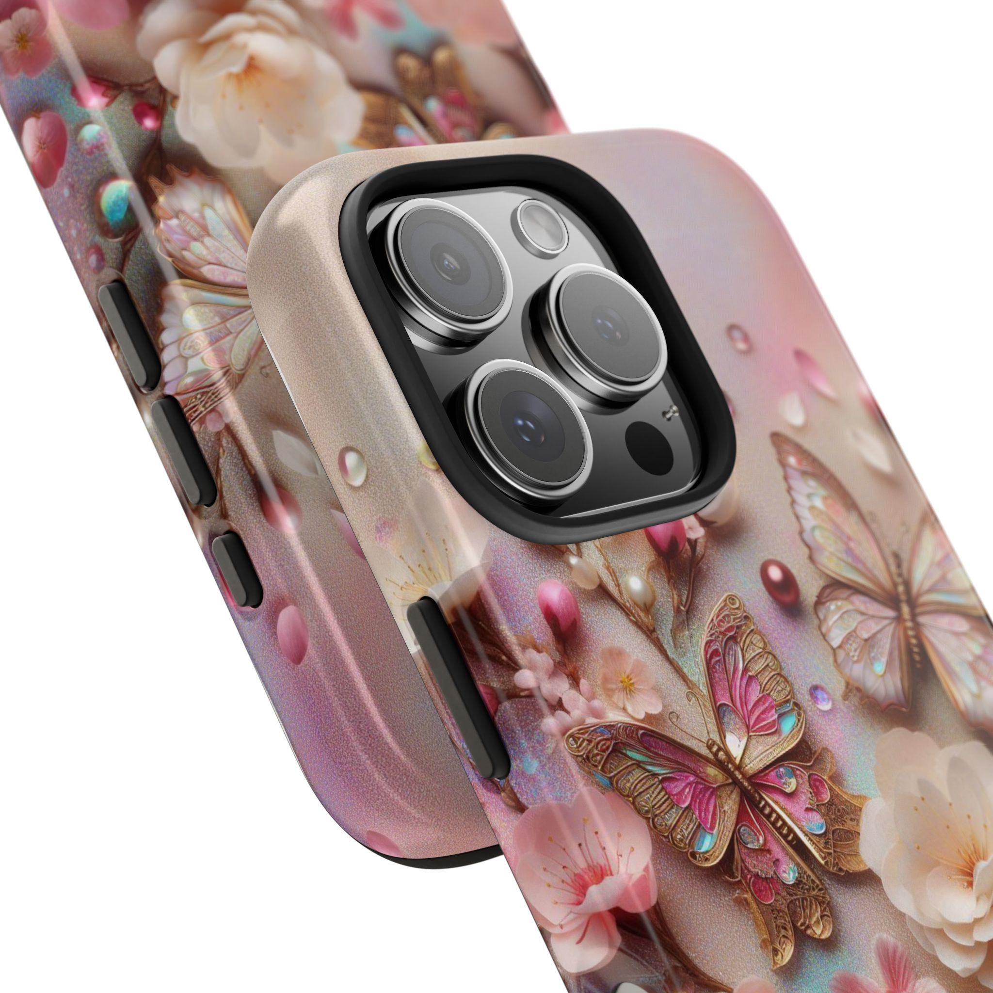 バタフライタフフォンケース：虹色に輝く桜の花柄iPhoneカバー - Etsy 日本