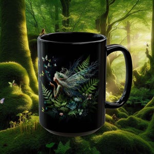 Magical Fairy Dust, Green Leaf Pixie Fairy, Black Mug 11oz 15oz, Fairy Coffee Cup, Fantasy Tea Mug, Butterfly Lover Gift, Enchanted Forest