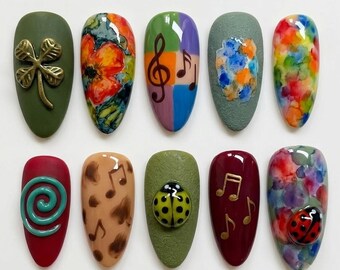 Handmade Nails | Boho Artistic Garden, 3D Realistic Ladybug And Four-Leaf Clover, Watercolor Ink & Musical Notes Art